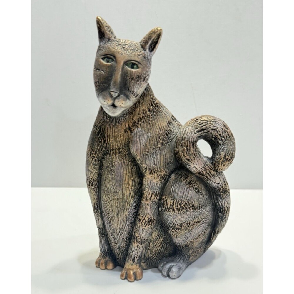 Vtg Marsha McCarthy Cat Figure Bronze Silver Brushed Resin Signed 5.5 Figurine